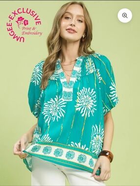 Umgee Teal Floral Embroidered Women's Top